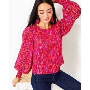 Lilly Pulitzer Alfreda Long Bishop Sleeve Top Blouse Size 8 Medium Red